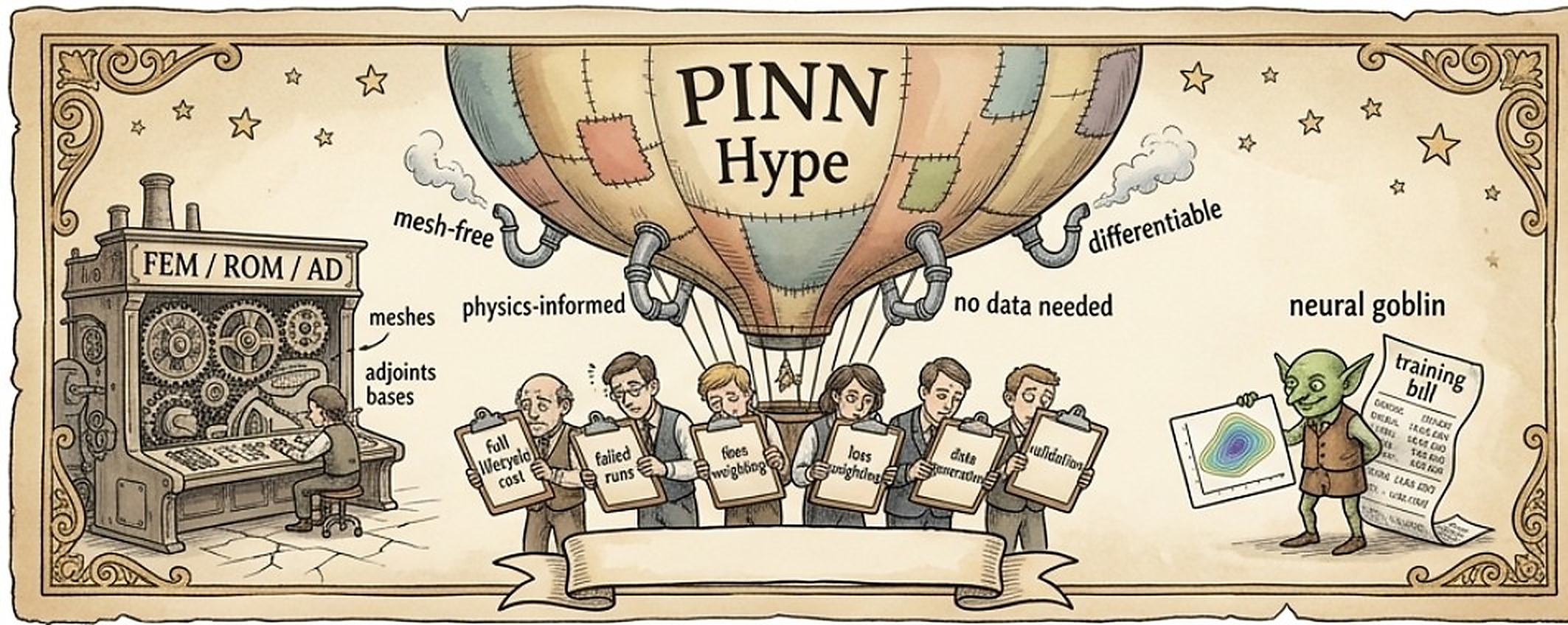Banner: the PINN hype balloon, the lifecycle ledgers, and the solver workshop that was somehow expected to retire quietly.