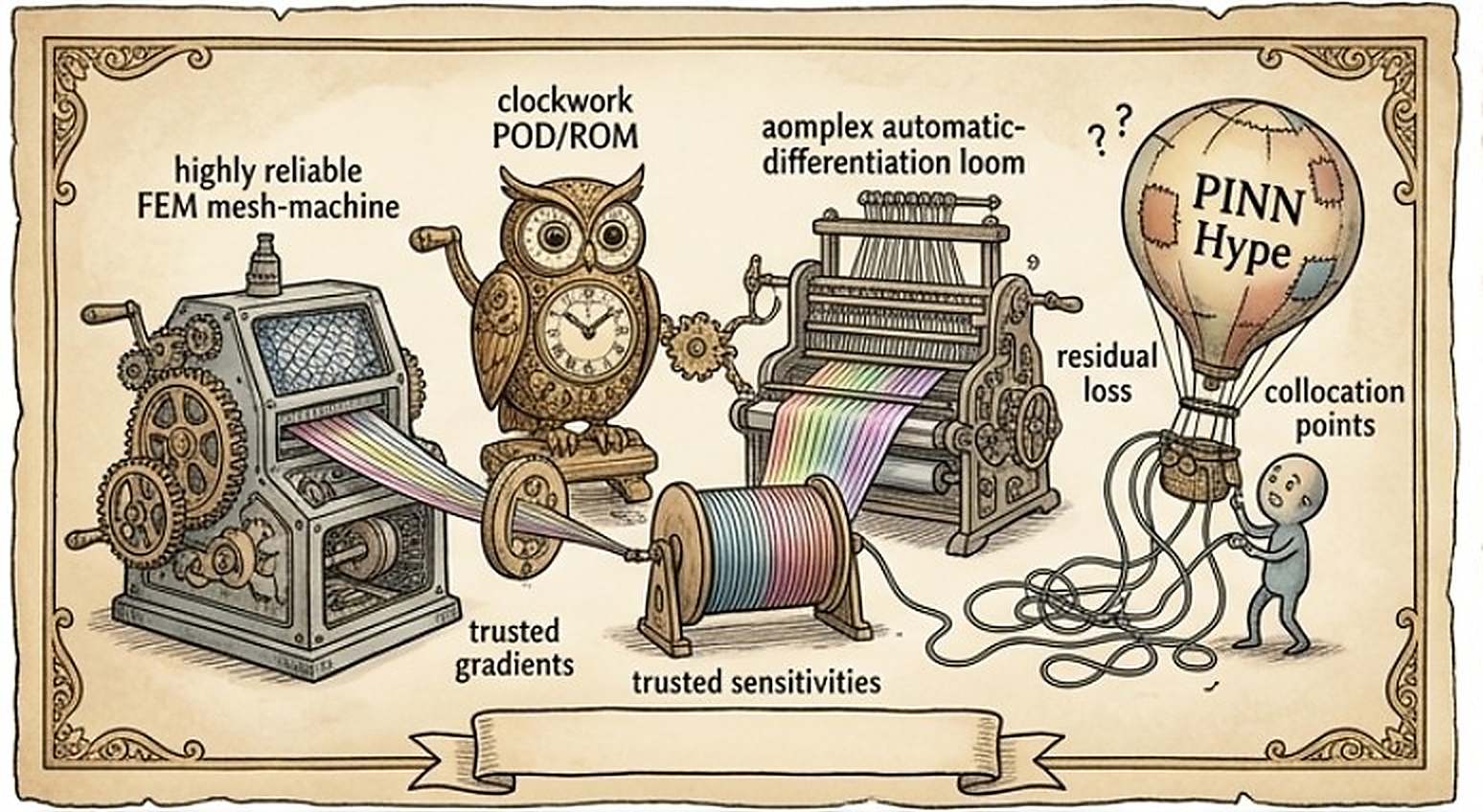 Differentiate the solver you trust: FEM, POD/ROM, and AD producing gradients without pretending residual loss is a certification body.