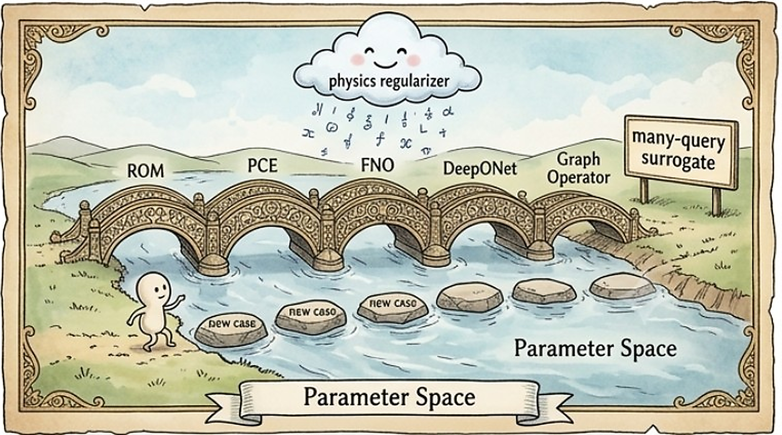 Operator learning as the stronger argument: ROMs, PCE, FNOs, DeepONets, and graph operators crossing parameter space instead of solving one stepping stone at a time.