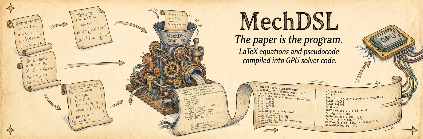 Hand-drawn diagram: scrolls of governing equations, weak forms, tensor notation, and pseudocode feed a geared machine labeled MechDSL Compiler, which emits a scroll of GPU solver code wired into a GPU chip.